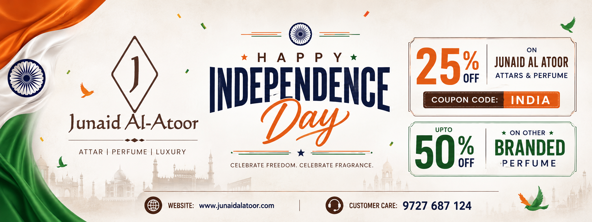 A promotional banner for Junaid Al-Atoor celebrating Independence Day, featuring the brand name, discount codes, and decorative Indian flag elements on a cream background.